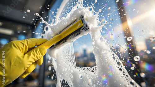 Close up yellow rubber gloved hand cleaning glass window with squeegee creating clear transparent stripe in thick soap foam, frozen water splash and rainbow prism light, commercial cleaning service co