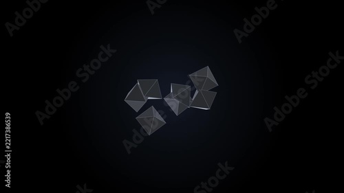 Polished metallic polyhedron cluster floating and rotating in a dark studio