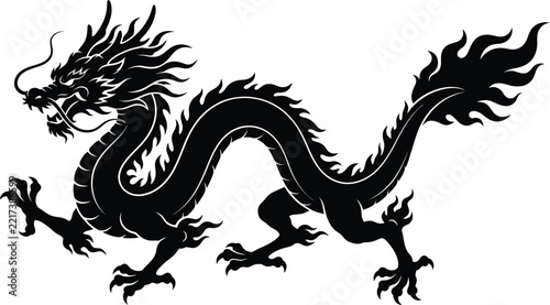 Traditional Chinese Dragon Silhouette with Detailed Scales and Flowing Flame Elements