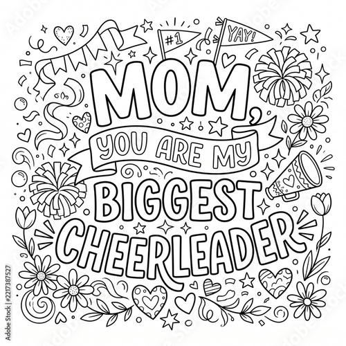 Black and white line art illustration featuring a motivational message about a mother figure