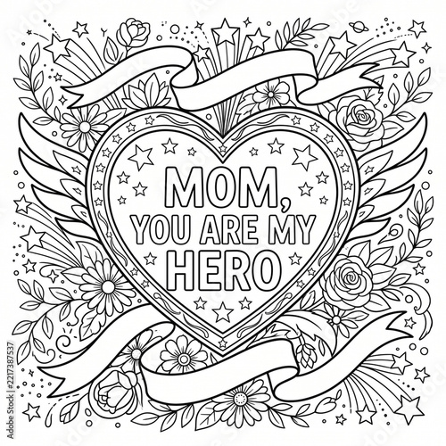 Black and white coloring page design featuring a heart shape with text about a mother