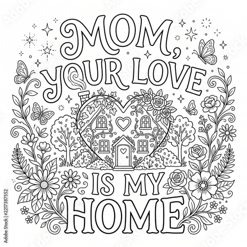 Heart shaped house illustration with floral motifs and text for coloring page