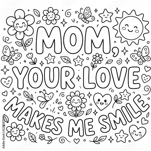 Coloring page featuring text message for mother with cute cartoon flowers stars