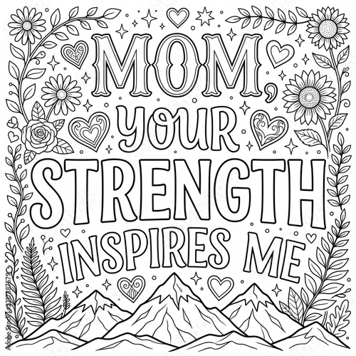 Adult coloring page with floral borders with strength inspires surrounded