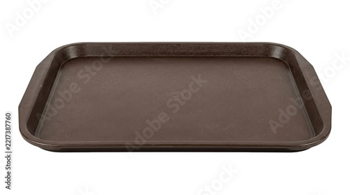Rectangular brown plastic tray with raised edges on white background