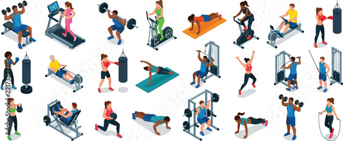 Fotografie Gym fitness workout training people activity editable Vector icon set