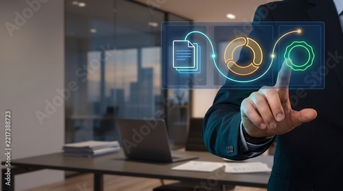 Business executive interacting digital workflow process hologram with copy space layout