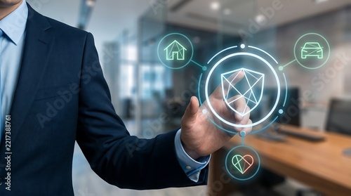 Professional businessman interacting digital insurance coverage with copy space layout