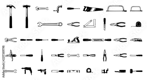 Vintage hand tools arranged grid set with simple line art design featuring outline, illustration, graphic elements with clean design and vector art
