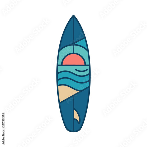 Stylized Surfboard Design with Ocean Sunset.