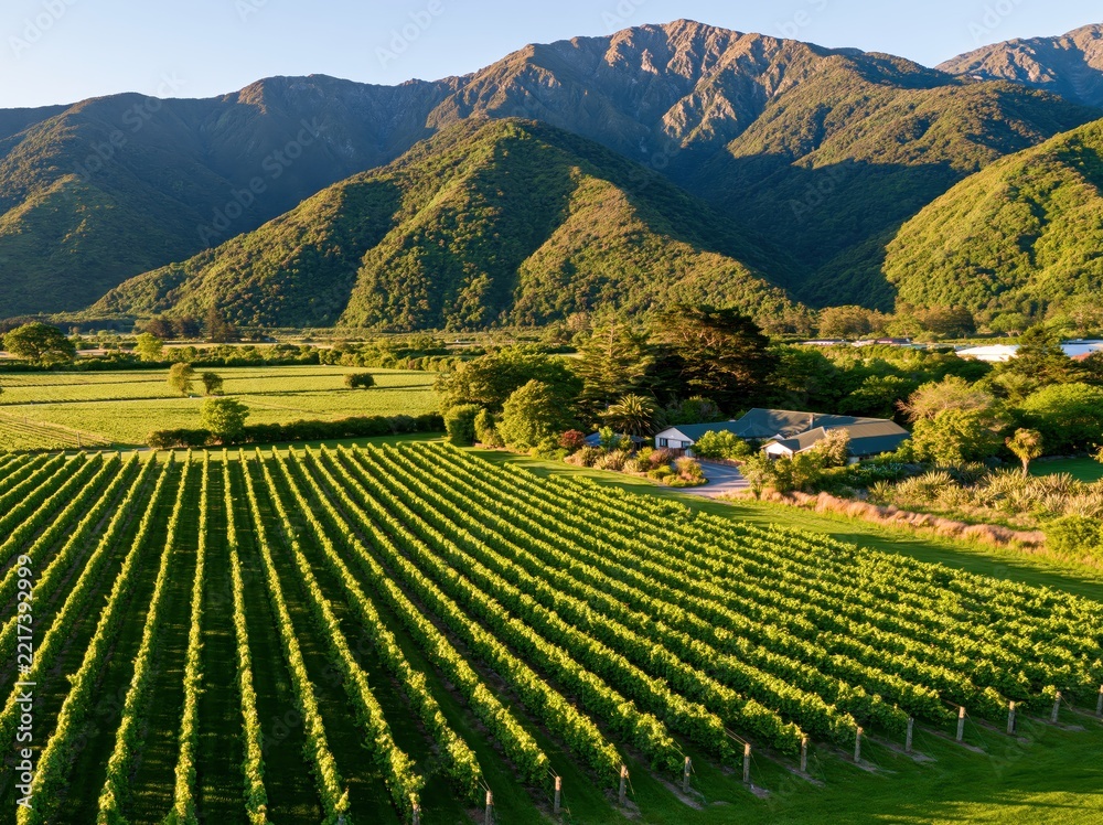 Fototapeta premium Vineyard landscape with mountains and winery building