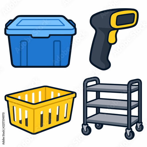 Storage bin, barcode scanner, shopping basket, utility cart illustrations