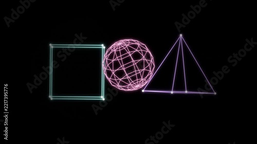Neon geometric trio orbiting around a glowing pink central sphere