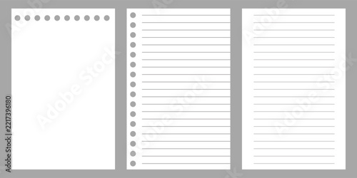Collection of four spiral notebook pages with various paper styles, including wide ruled, narrow ruled, grid, and lined, excellent for school projects, note-taking concepts, and stationery