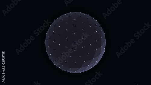 Metallic low polygon sphere rotating with subtle blue points in darkness