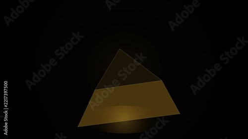 Polished golden three dimensional pyramid rotating gracefully on a dark background