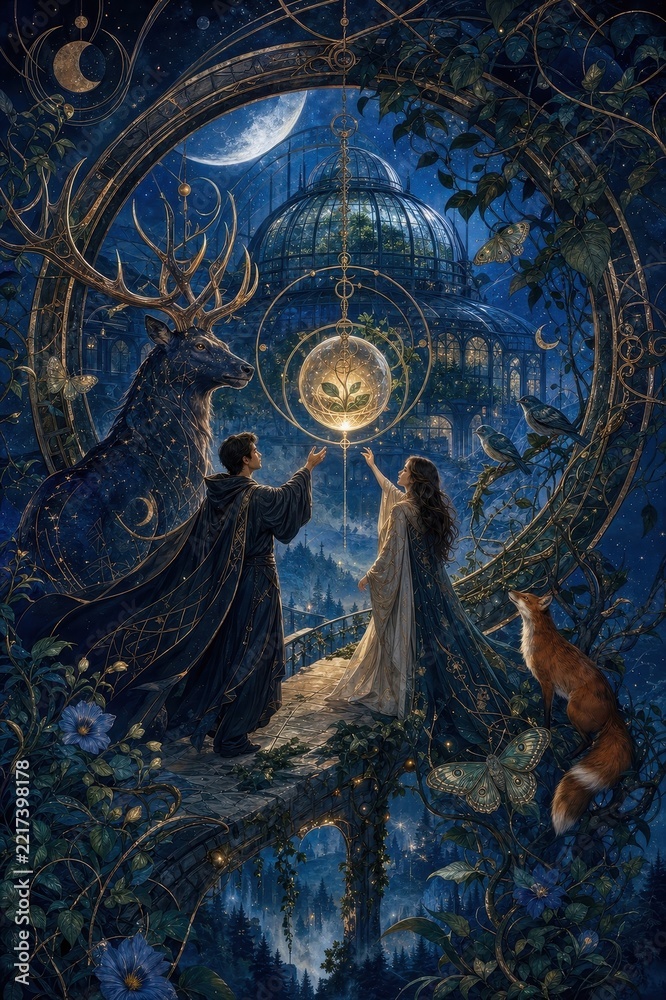 Fototapeta premium Enchanted moonlit garden with deer, fox, couple, glass palace