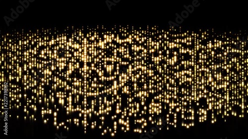 Golden particle wave symphony shimmering across a dark abstract background