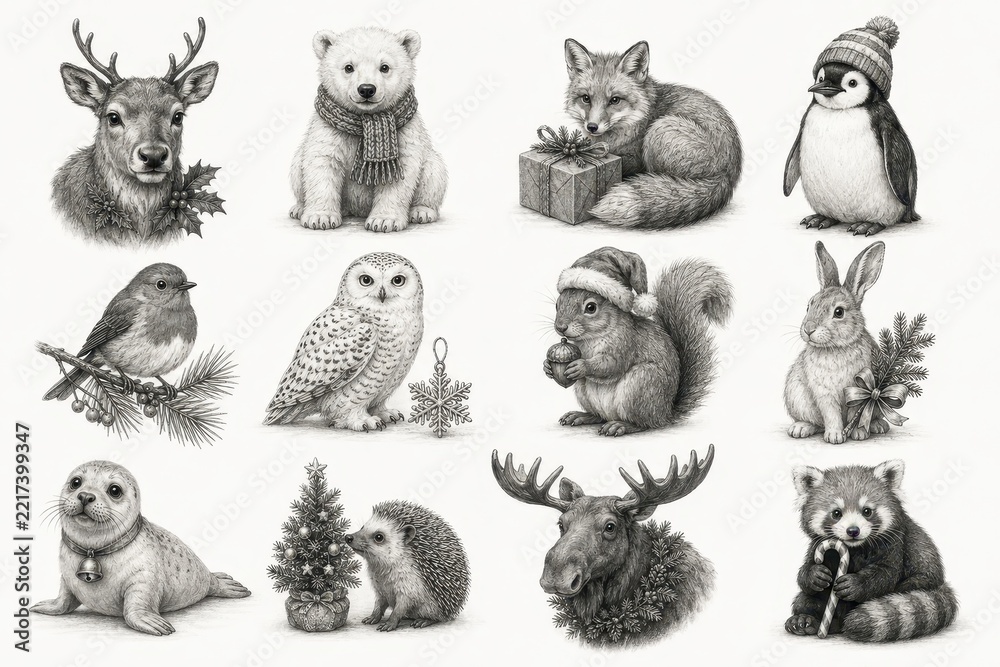 Fototapeta premium Hand-drawn woodland animals wearing winter accessories and celebrating Christmas