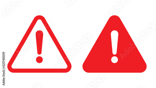 Set of two red warning triangle icons with exclamation marks, flat vector illustration