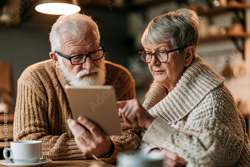 Caucasian couple working together at home kitchen table