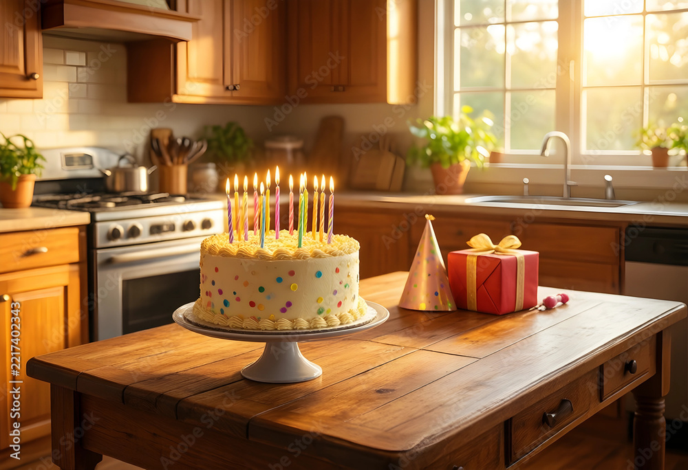 Fototapeta premium Birthday celebration and family gathering, confetti cake with lit candles and gift box on a wooden kitchen table in a cozy home interior at sunset