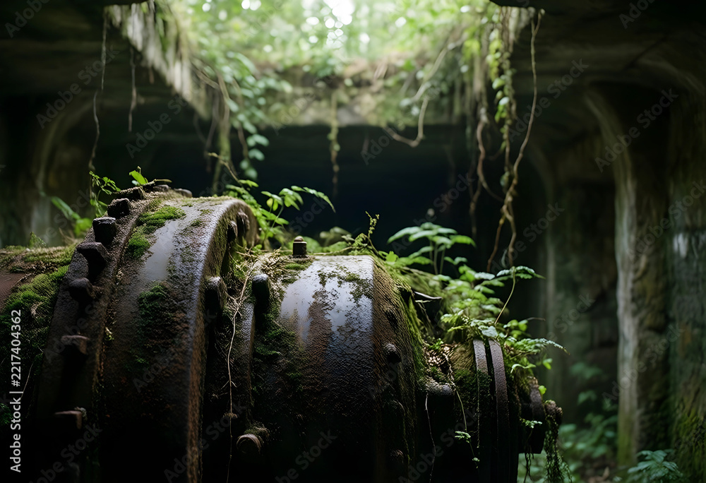 Fototapeta premium Urban decay and industrial abandonment, rusted machinery covered in moss inside an overgrown tunnel nature reclamation and environmental change