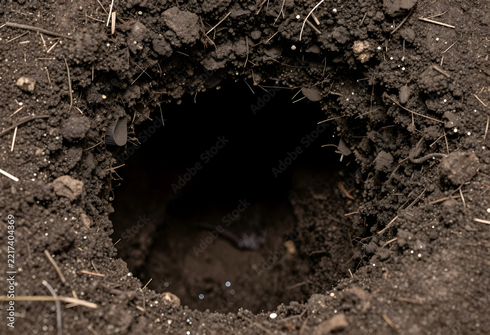 Fototapeta premium Burrow and wildlife habitat animal den in dark soil ground nature conservation and ecology underground tunnel entrance in wilderness environmental