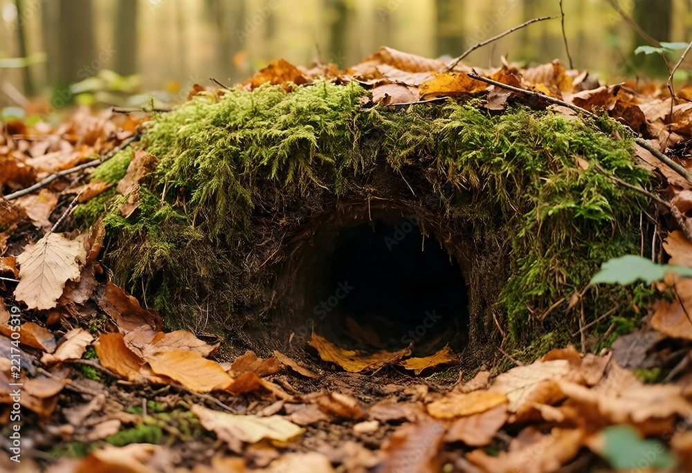 Fototapeta premium Wildlife habitat and nature conservation, animal burrow entrance in forest floor with moss and autumn leaves for environmental and biodiversity research