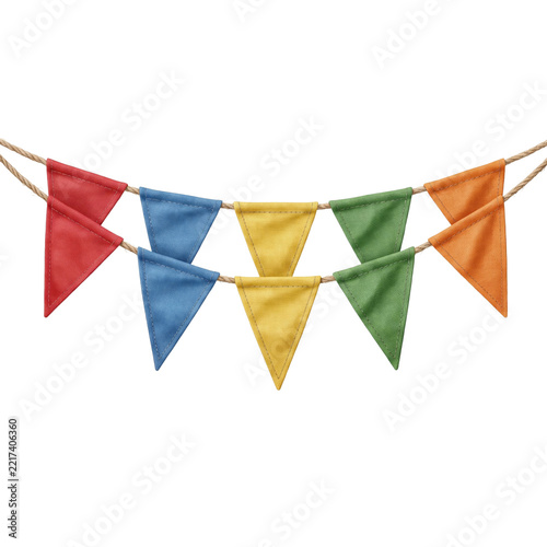 Multicolor fabric triangle bunting banner on rope for festive decoration isolated with triangle flags party bunting colorful flags hanging bunting party supplies rainbow colors isolated PNG
