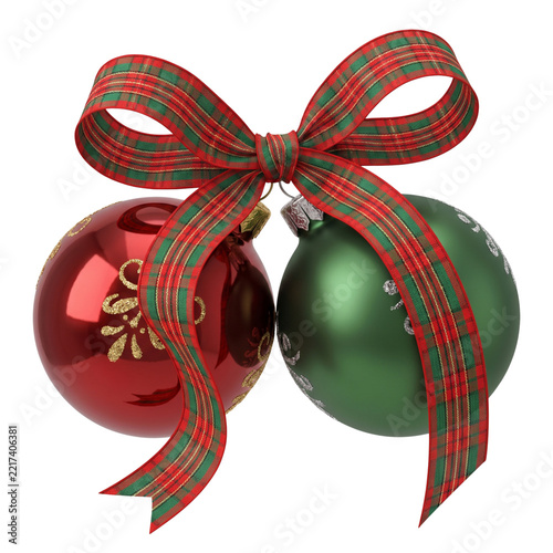 Red and green christmas ornaments with plaid bow isolated holiday decorations christmas baubles glass balls seasonal decor winter holidays decorated spheres christmas tree isolated PNG