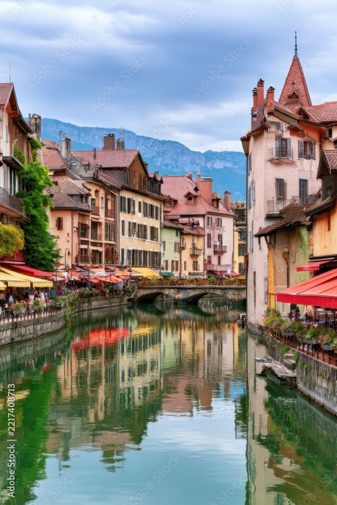 Obraz premium European canal town with historic buildings and water reflections