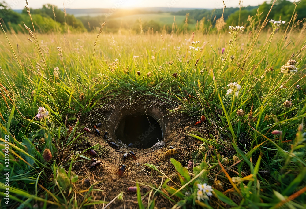 Fototapeta premium Biodiversity and ecosystem health, insects and beetles gathering around a burrow entrance in a wild meadow at sunset with golden hour light