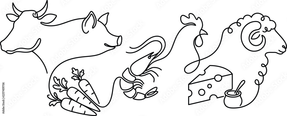 Obraz premium Continuous one line drawing concept of food sources featuring cow pig chicken ram sheep carrots shrimp prawn cheese slice and honey jar