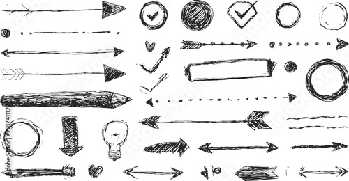 Hand Drawn Sketch Arrow Collection with Freehand Strokes, Curved Shapes and Artistic Texture