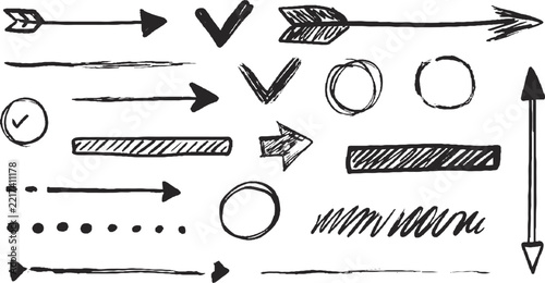 Sketchy Arrow Set with Rough Ink Lines, Hand Drawn Marks and Doodle Elements
