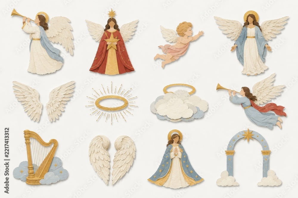 Fototapeta premium Vintage watercolor Christmas angel and celestial clipart collection