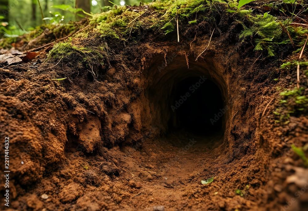 Fototapeta premium Wildlife habitat and animal burrow, dark underground tunnel entrance in forest soil with moss and roots for nature conservation and ecosystem research
