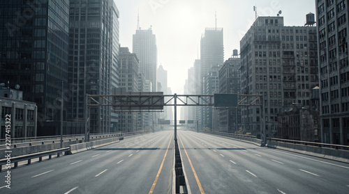 Empty asphalt avenue between modern skyscrapers in business district

