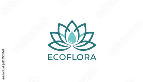 Elegant ecoflora logo template featuring a beautiful teal lotus flower with a clean water droplet in the center.