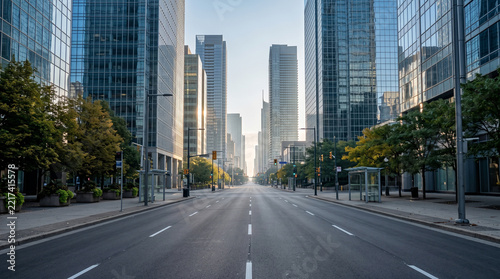 Empty asphalt avenue between modern skyscrapers in business district

