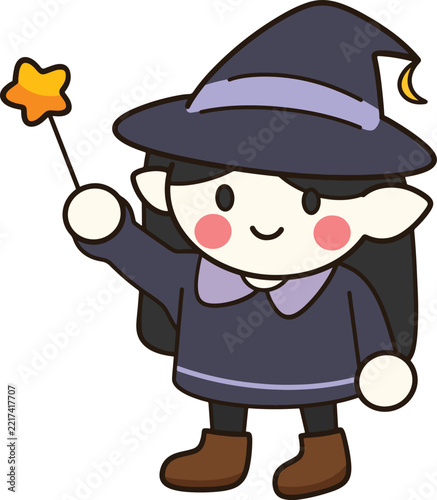 Cute little witch pointy hat star wand magic halloween cartoon sticker icon