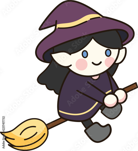 Cute little witch flying broomstick magic hat purple halloween cartoon sticker