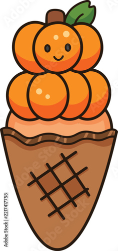 Cute pumpkin ice cream double scoop brown waffle cone halloween cartoon sticker
