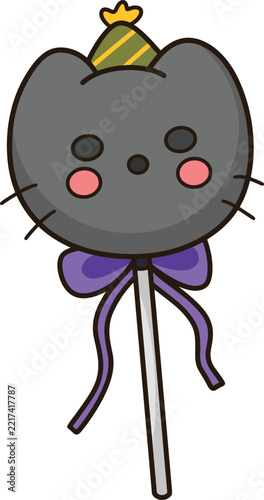 Cute cat lollipop party hat purple bow ribbon halloween candy cartoon sticker