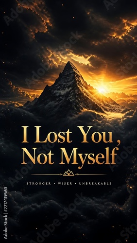 Dramatic golden sunset over a dark mountain peak above black storm clouds, I lost you not myself motivational quote, stronger wiser unbreakable wallpaper