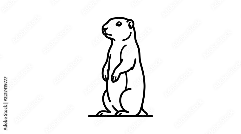 Fototapeta premium Simple black and white line art illustration of a prairie dog standing upright on a white background.