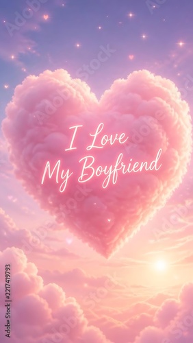 Dreamy pink heart-shaped cloud floating in a pastel sunset sky with glowing stars, I love my boyfriend romantic script lettering wallpaper design