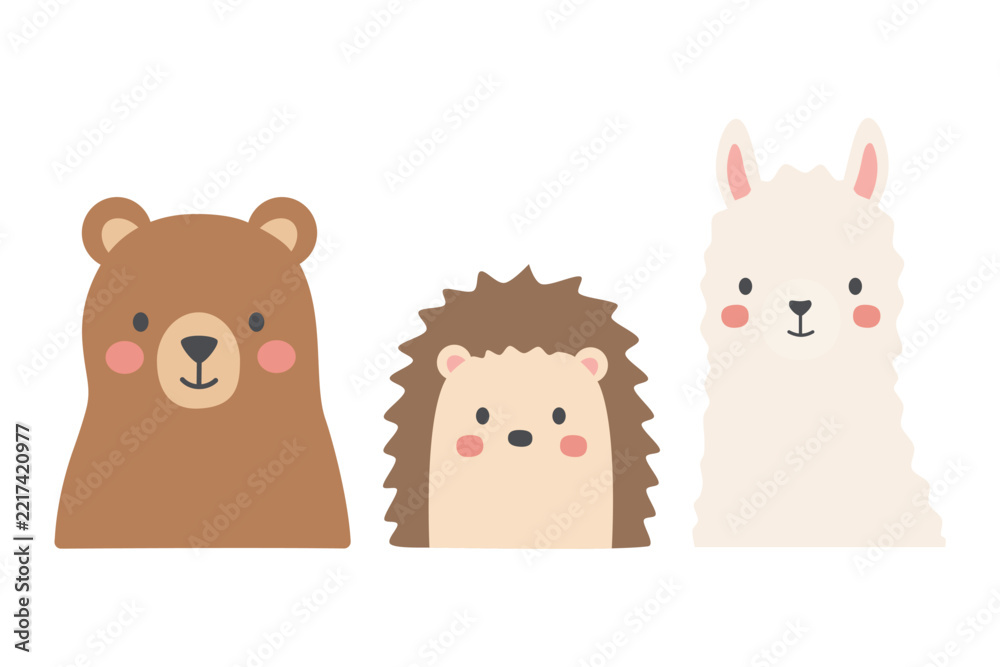 Fototapeta premium Cute Woodland Animals Set Bear Hedgehog Llama Nursery Vector Illustration