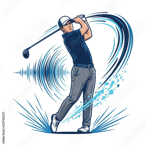 Golf player swinging club with dynamic motion lines